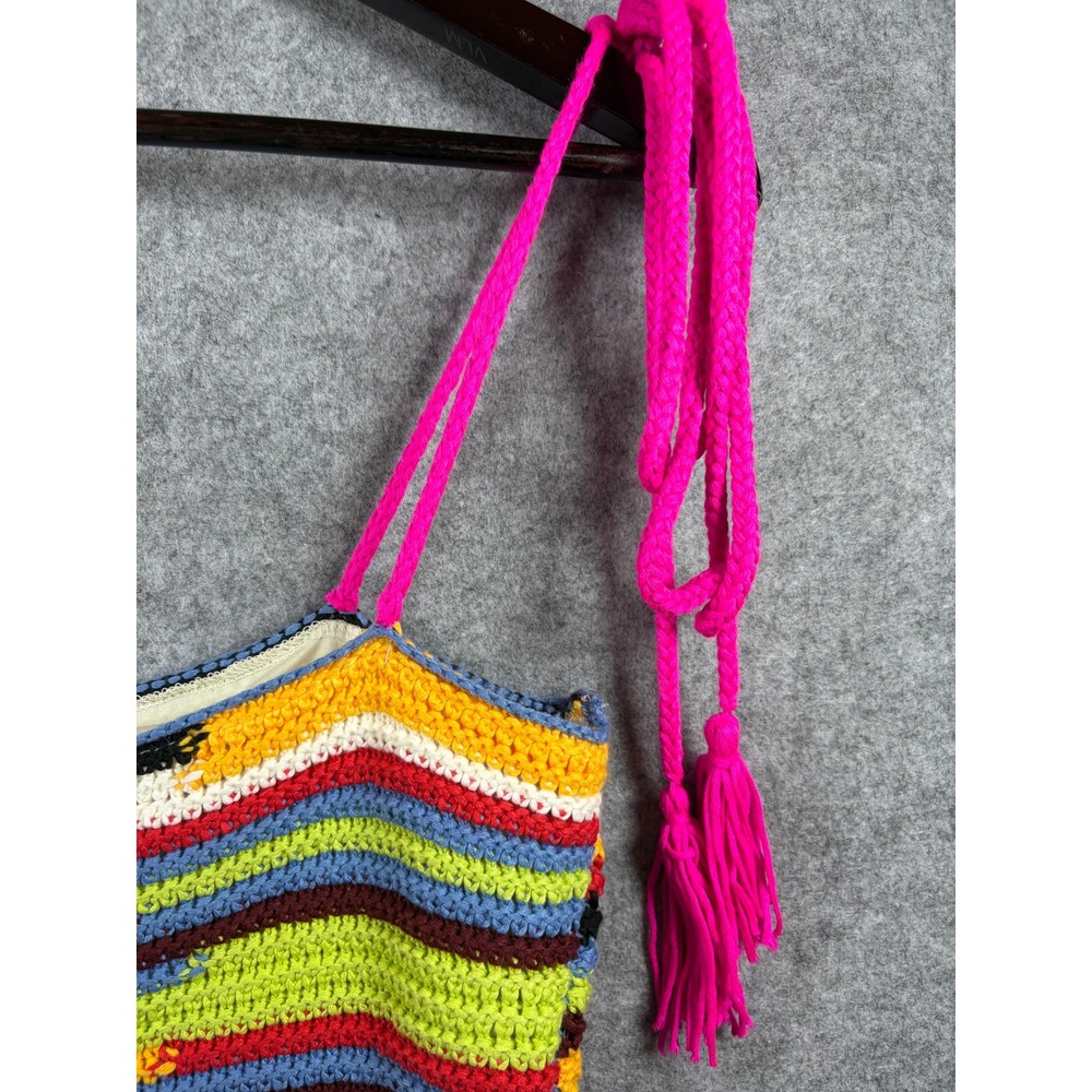 Say What? Crochet Striped Crop Top Tie Strap Cami Womens M Music Festival Boho View 6